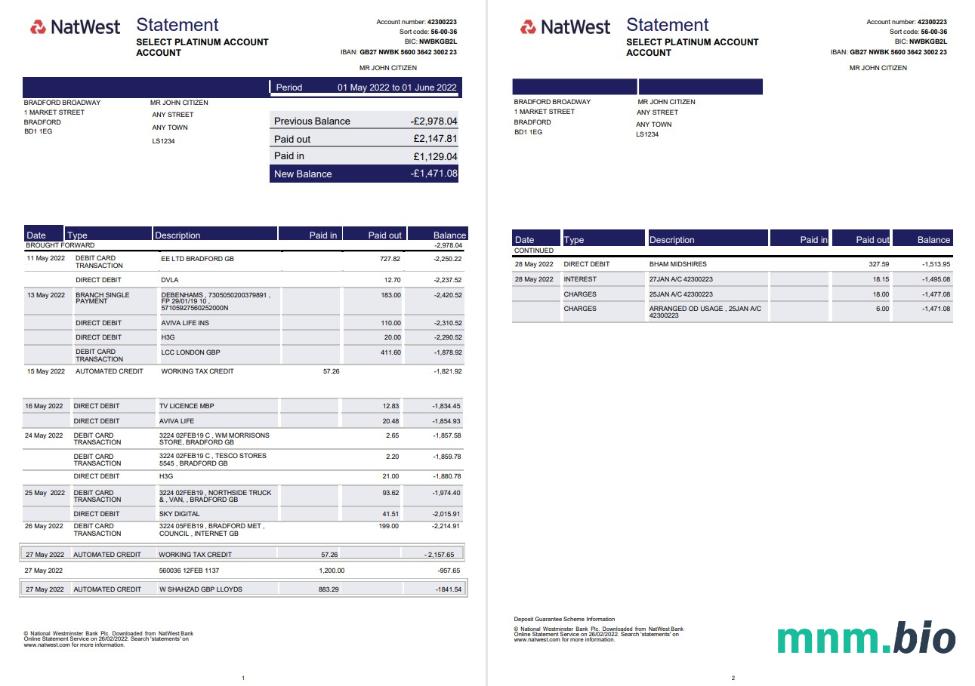 Szablon wyciągu bankowego w Wielkiej Brytanii Natwest w formacie Word i PDF (2 strony)